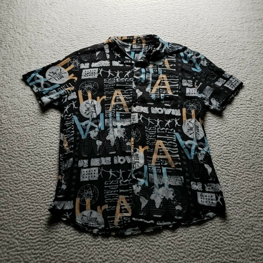 LIRA Shirt Mens XL Black Travel Graphic Rayon Short Sleeve Button-Up Casual